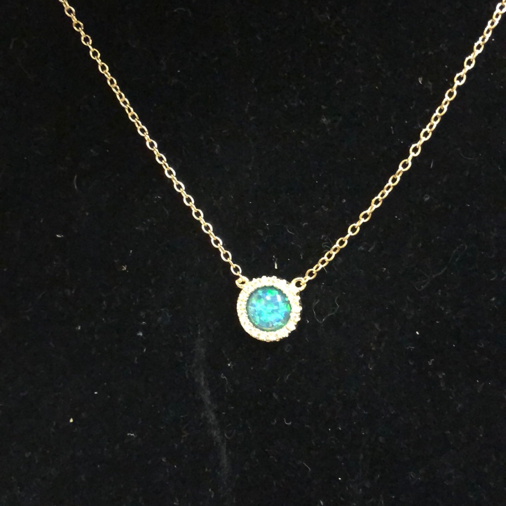 Small Round Blue/Green Opal Cabochon With Cubic Zirconia Necklace-Boutique